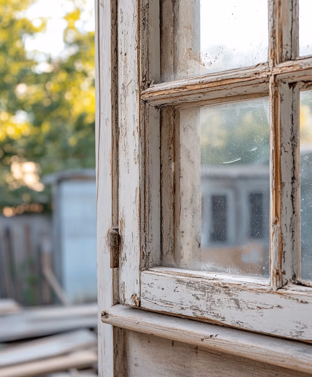 Close-up of an old, weathered wooden window frame with peeling white paint and glass panes.