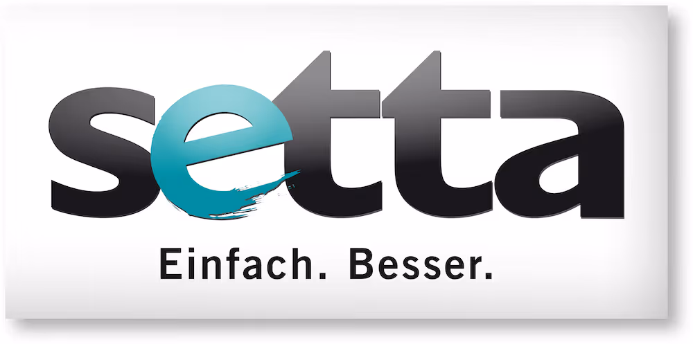 Setta logo with black letters and a blue brushstroke letter e above slogan Einfach. Besser.