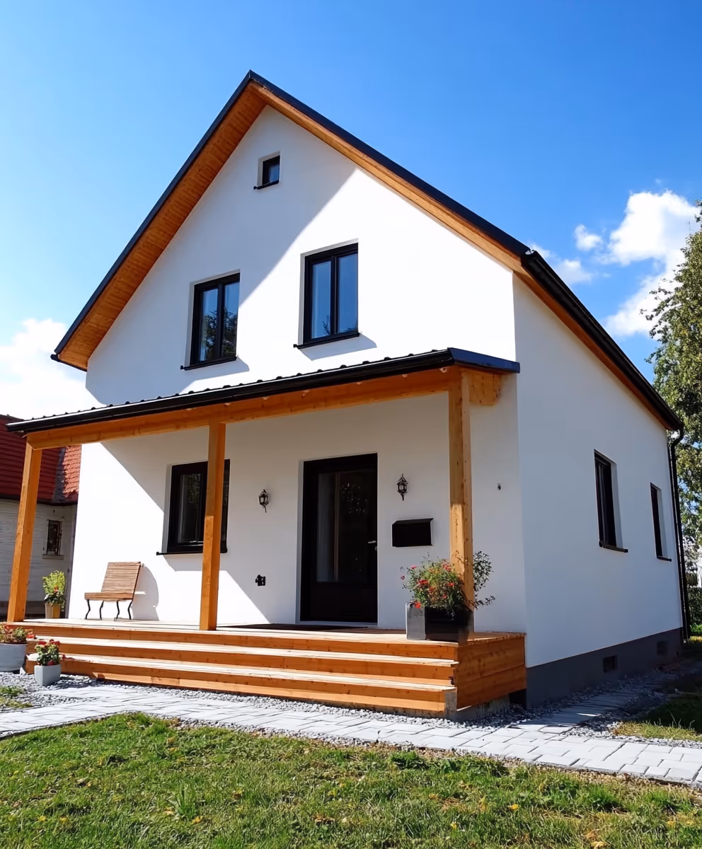 White two-story house with black windows, porch with wooden pillars, steps, and flower pots.
