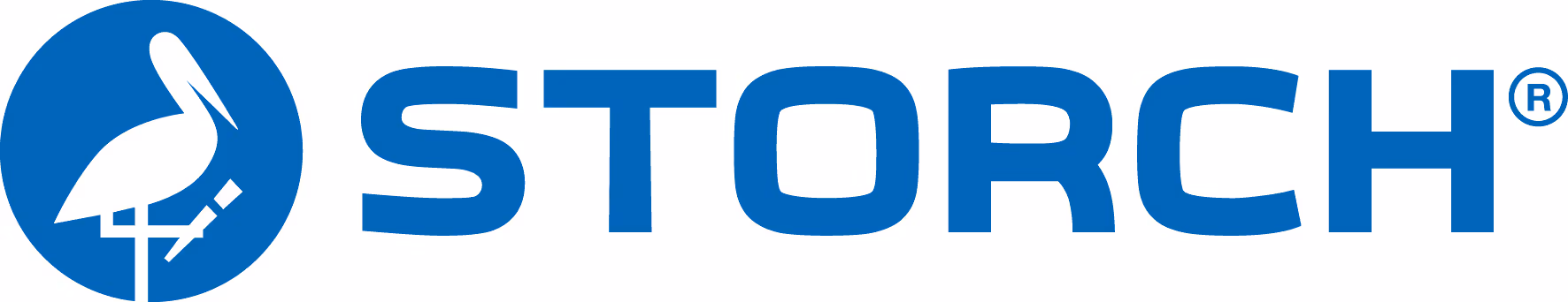 STORCH logo with a stylized white stork bird inside a blue circle next to blue uppercase text.