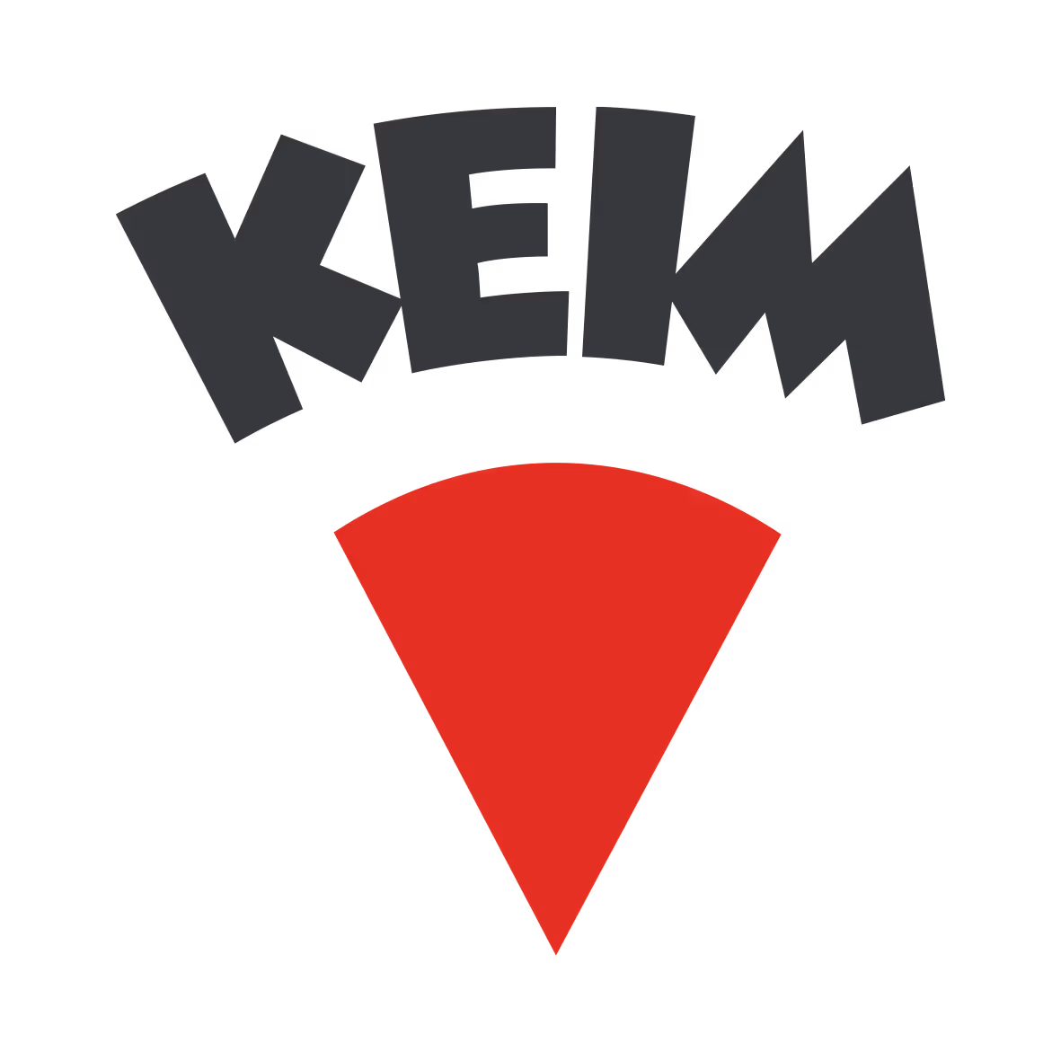 Logo with black letters KEIM arching over a red downward-pointing triangle.