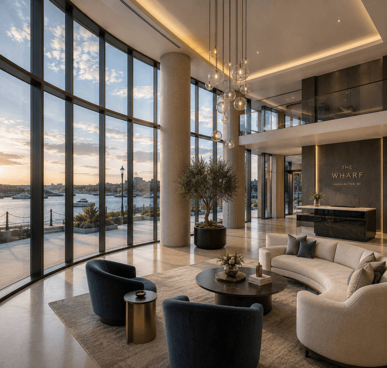 Modern waterfront lobby with luxury design