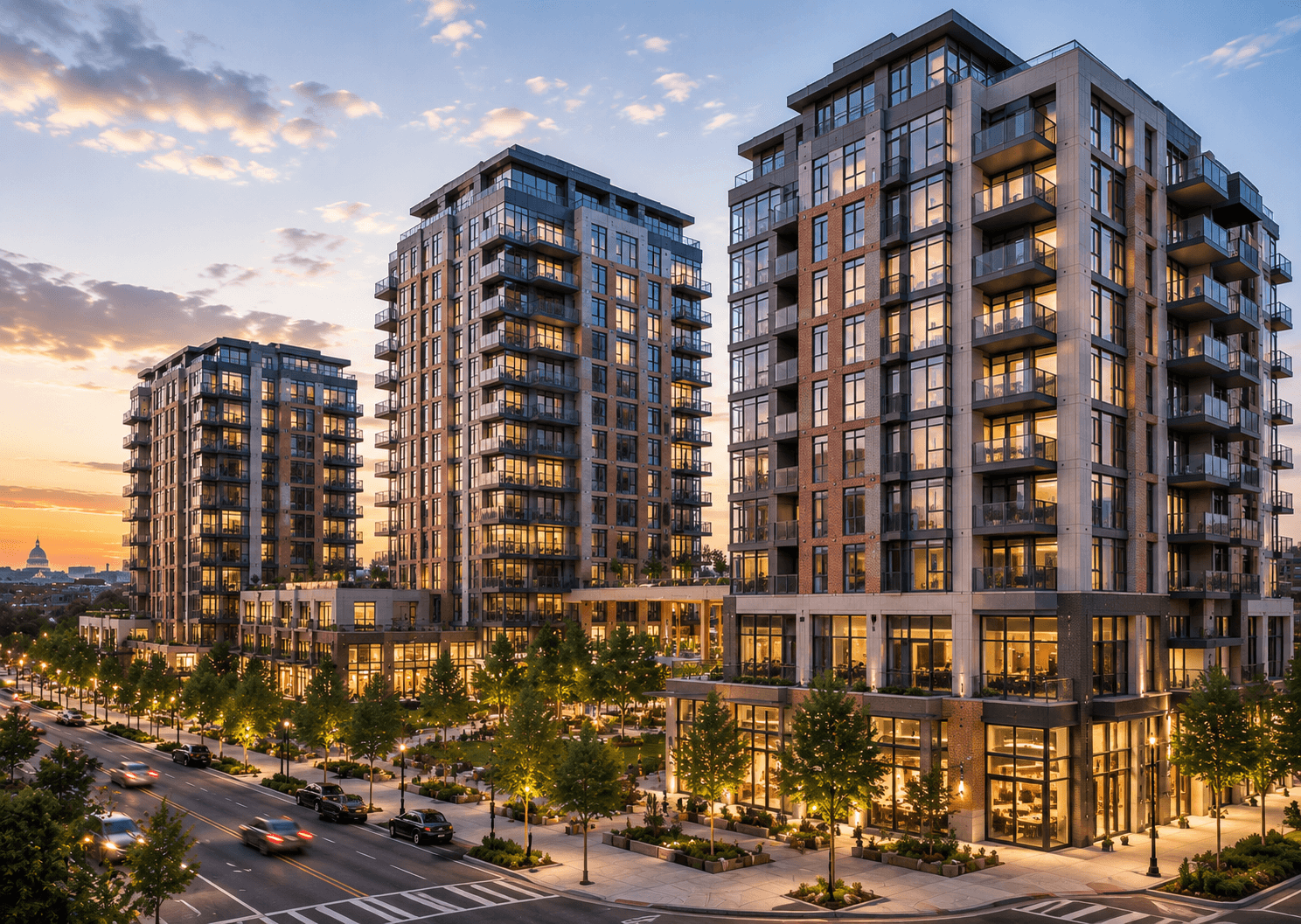 Urban sunset with modern architecture
