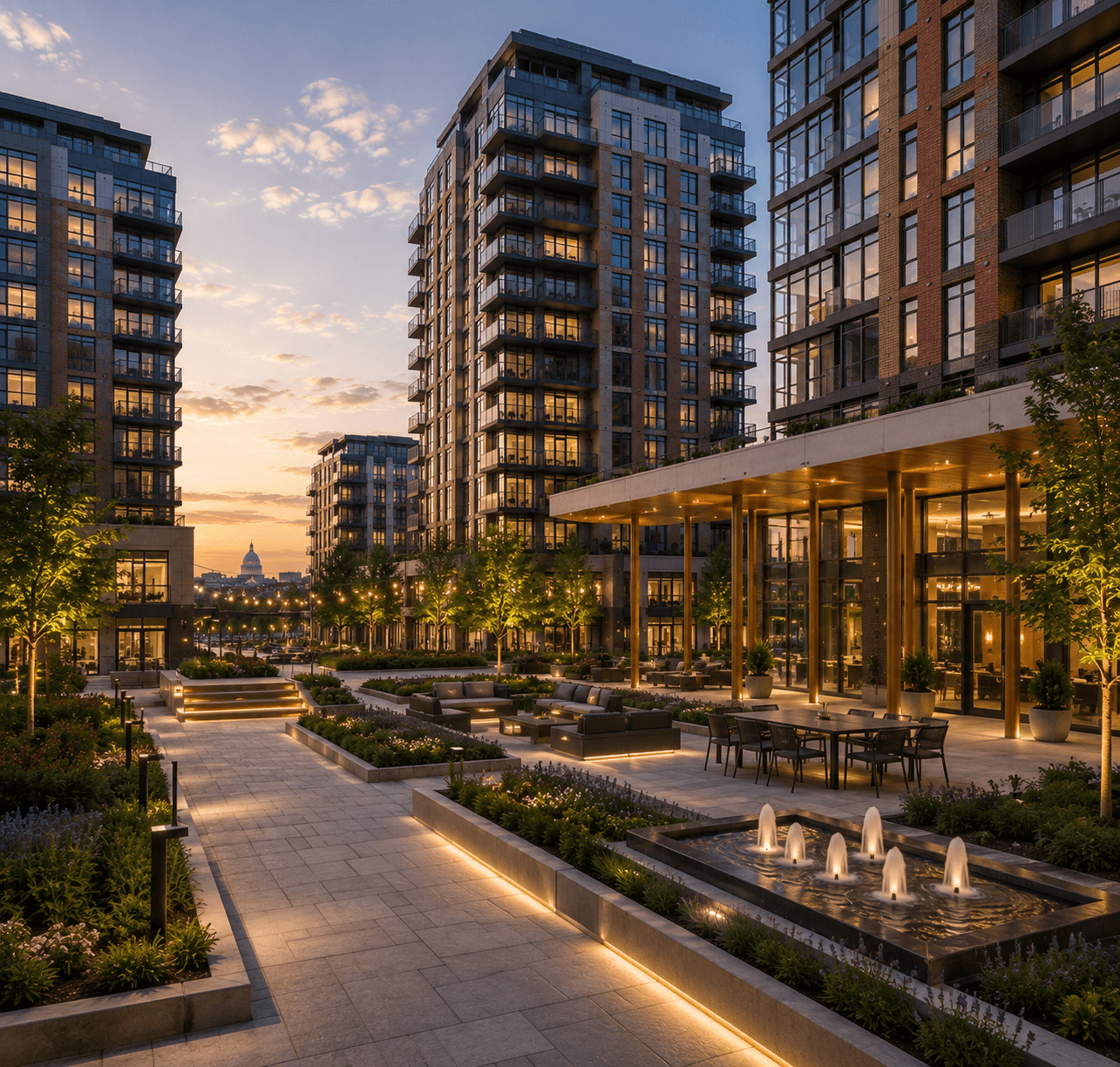 Evening serenity in urban courtyard