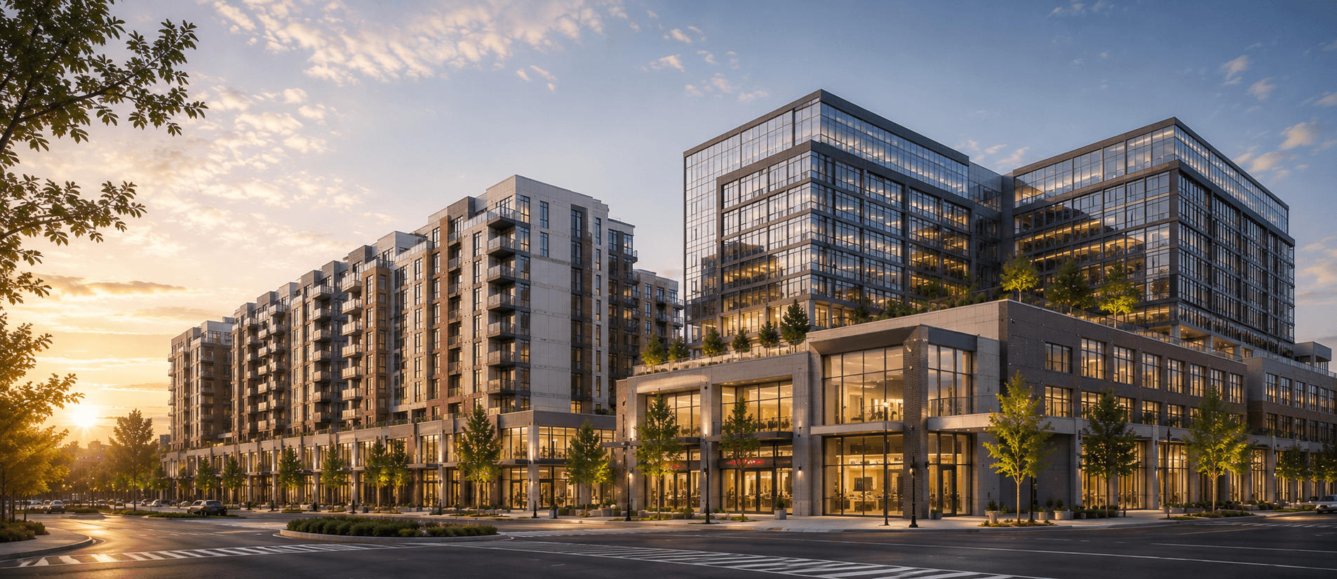 Golden-hour cityscape with modern architecture