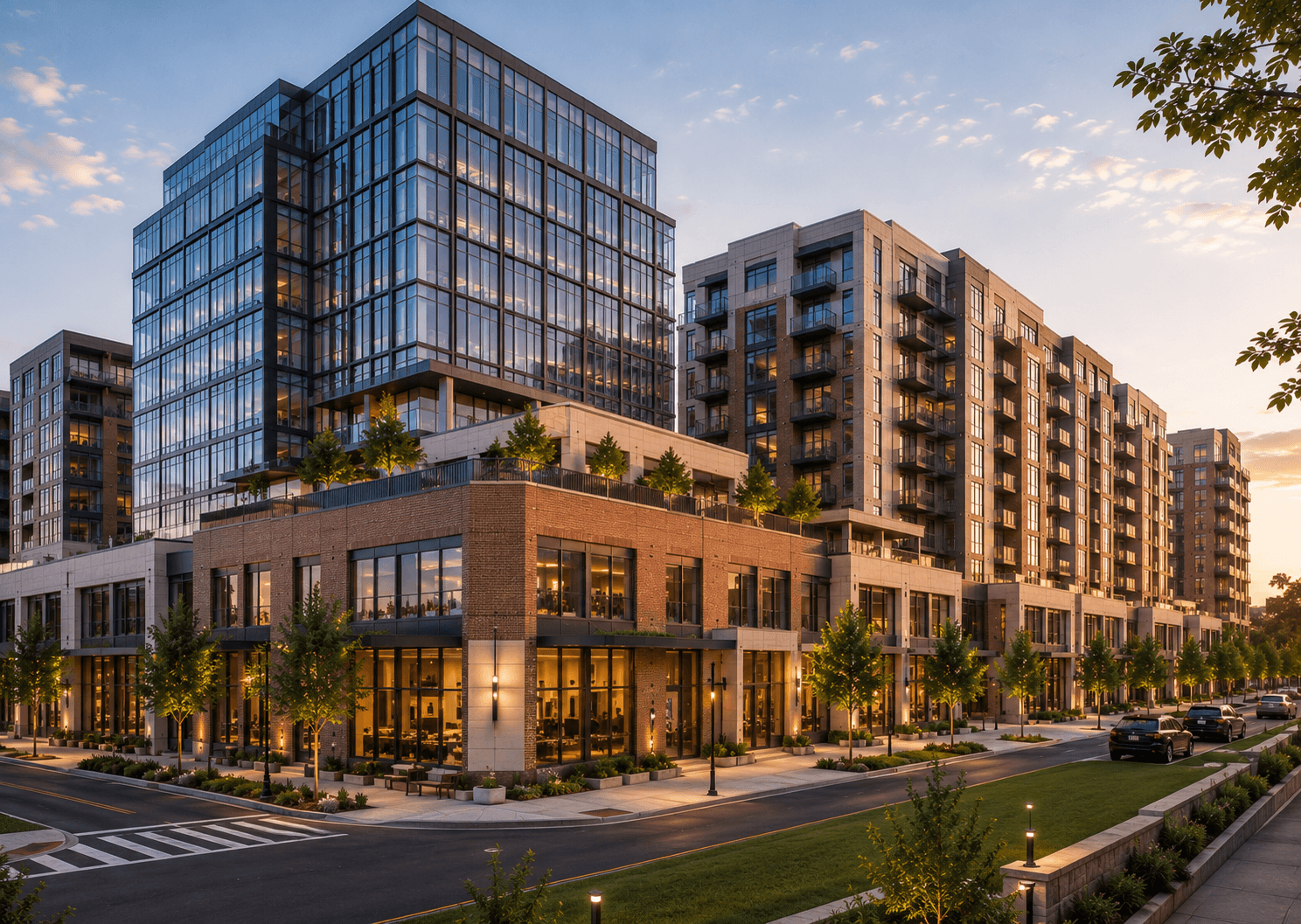 Modern urban plaza at sunset