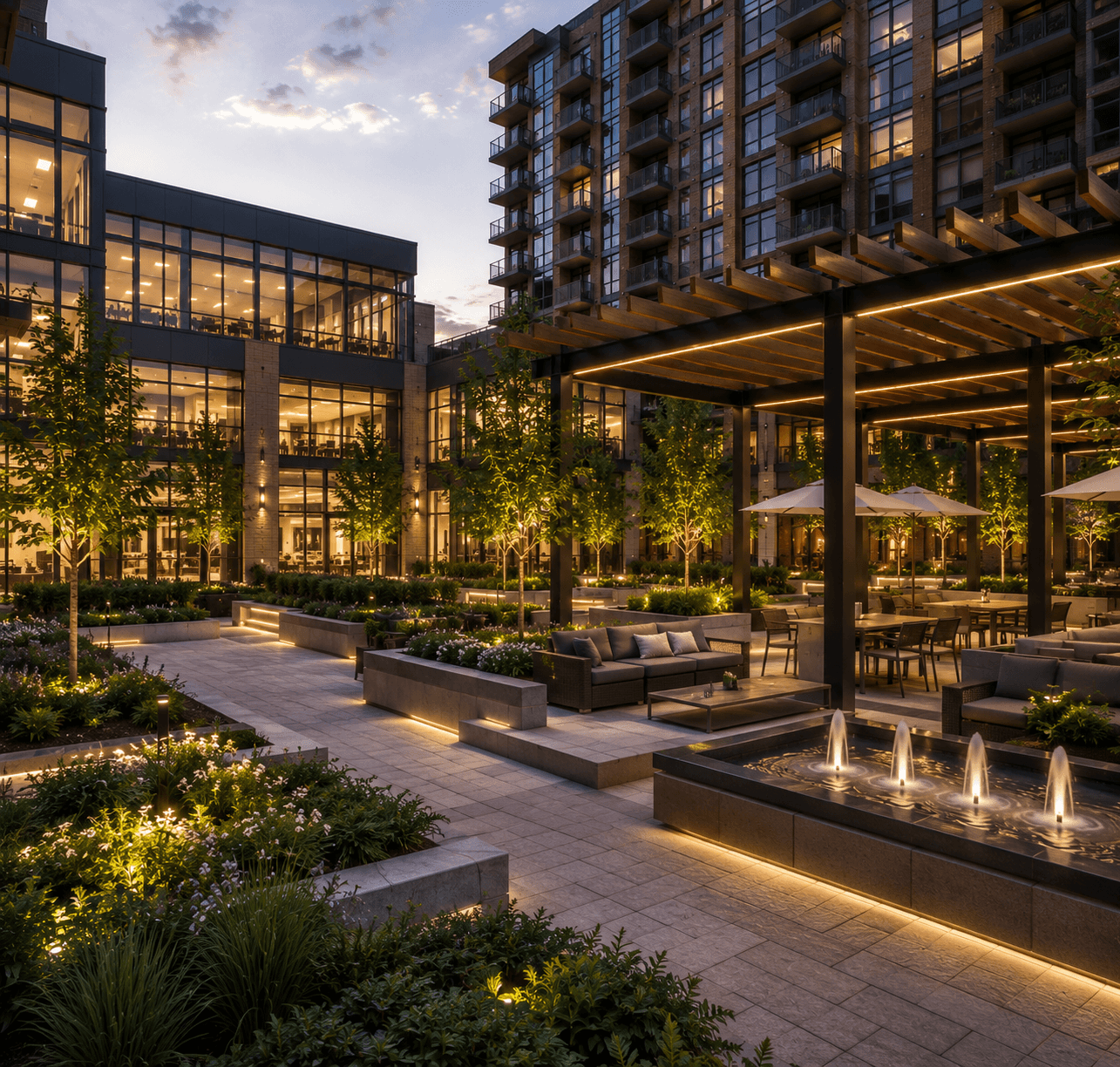 Modern courtyard at twilight