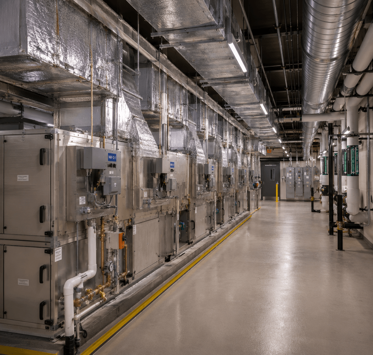 Industrial HVAC equipment room perspective