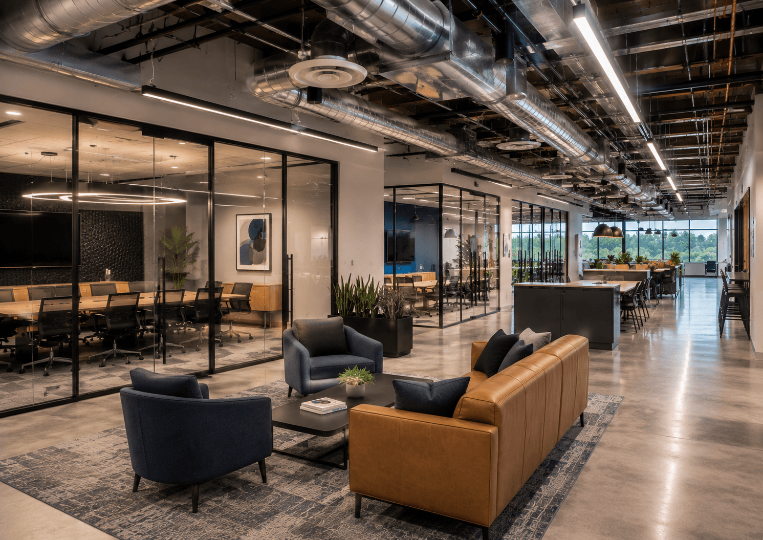 Modern corporate lounge with industrial details