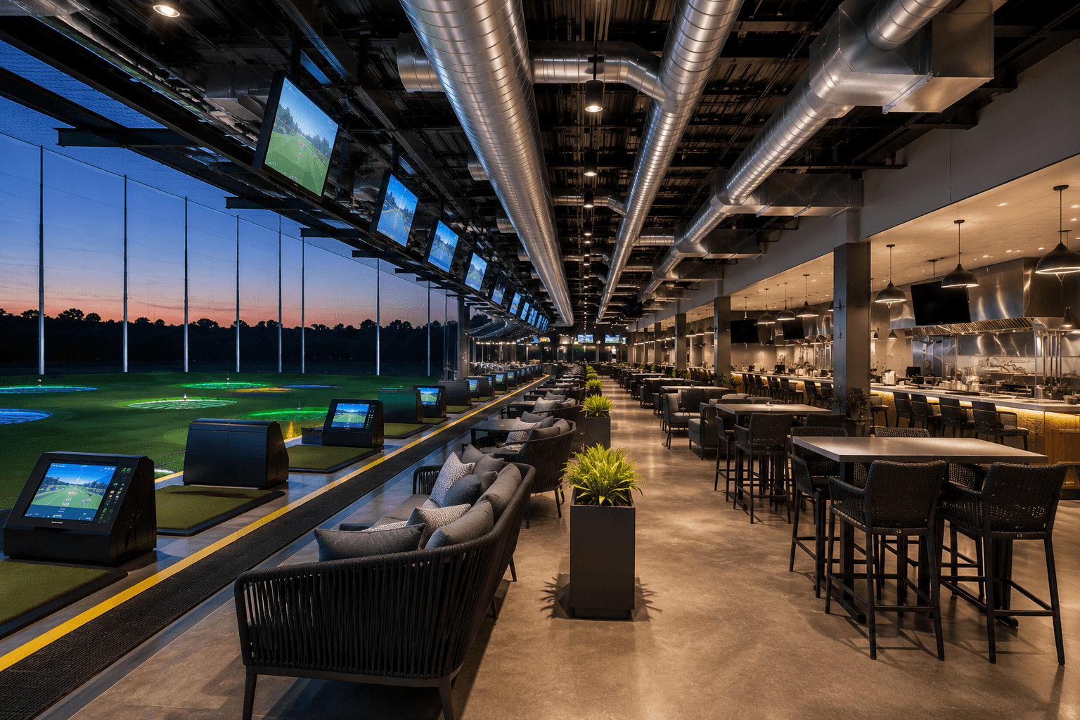 Modern entertainment lounge at dusk