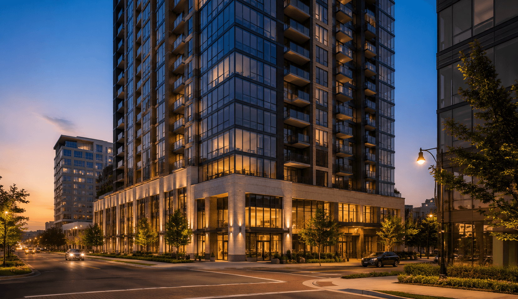 Golden hour at city intersection