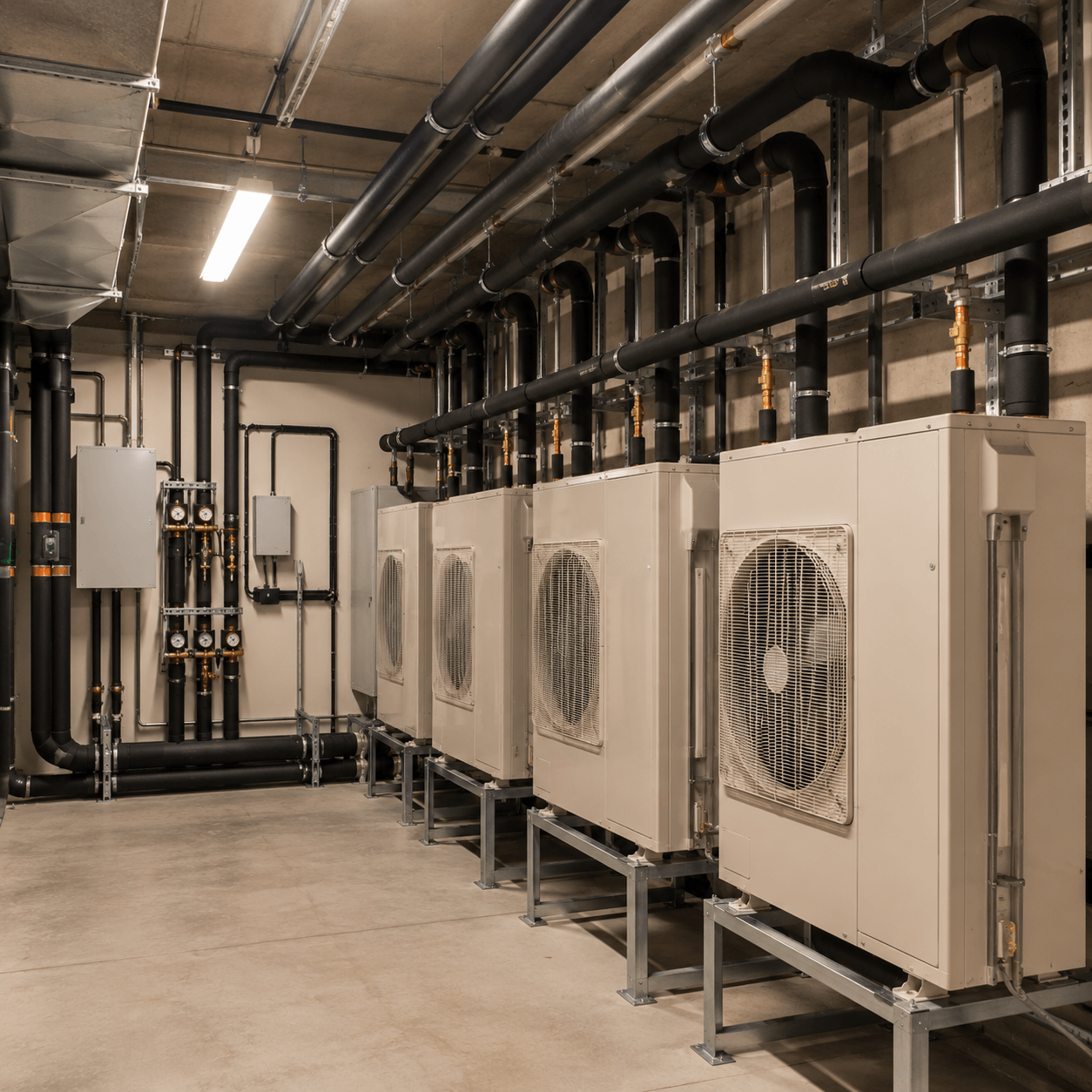 Industrial HVAC room with organized equipment