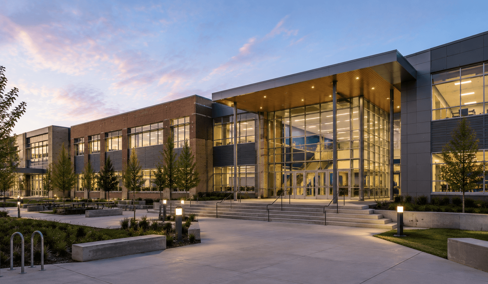 Modern school entrance at dusk