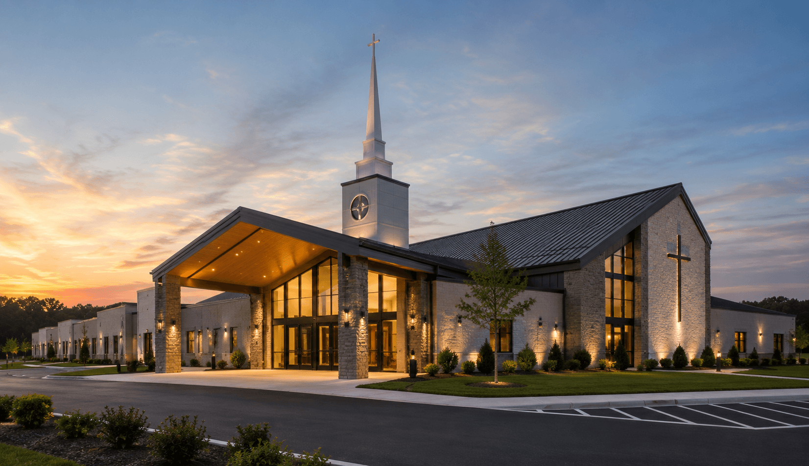 Modern church at twilight
