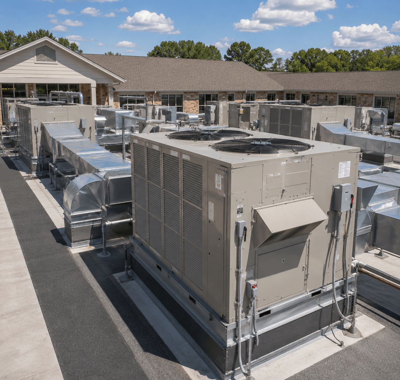 Rooftop HVAC units under clear sky