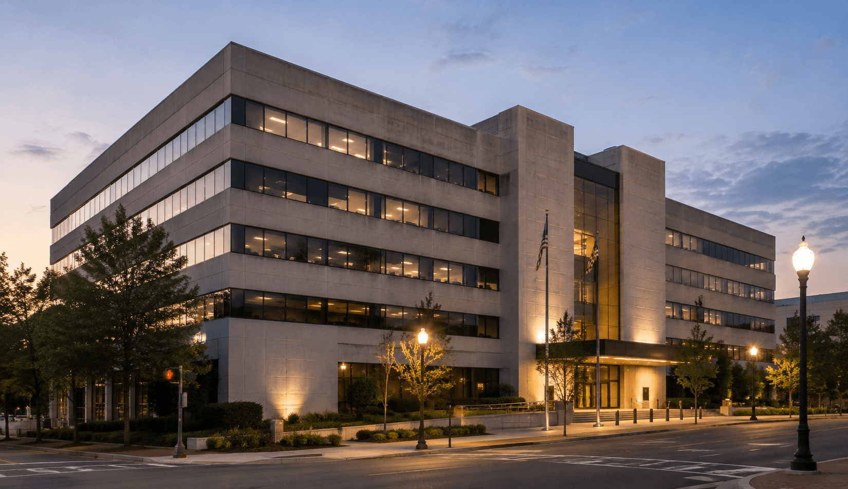 Modern office building at dusk