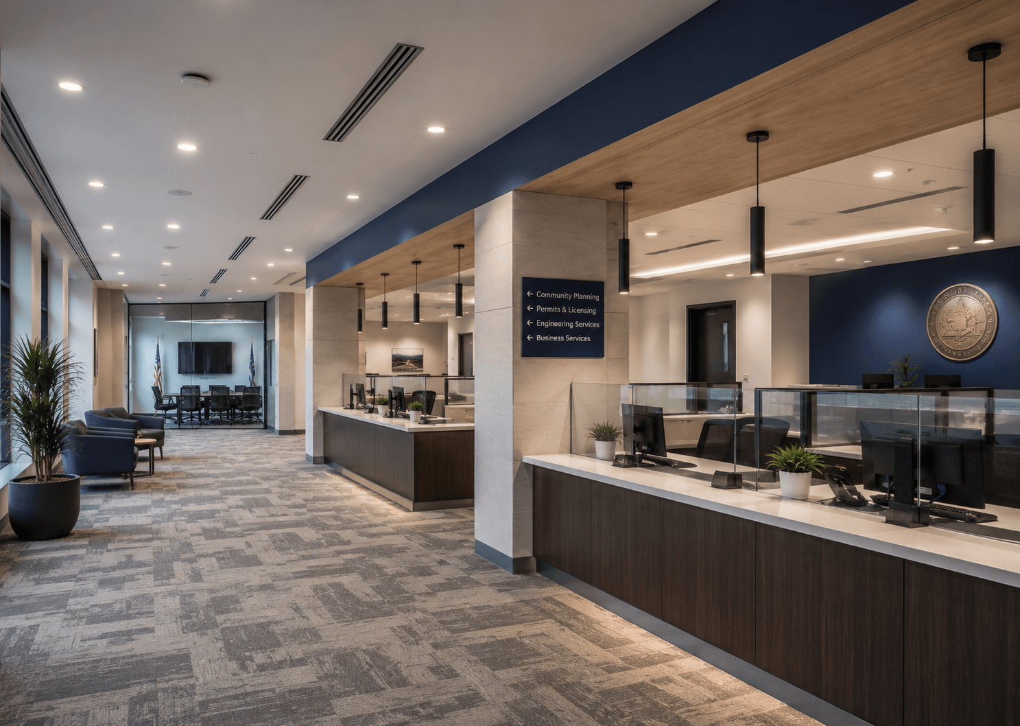 Modern office lobby with service counters