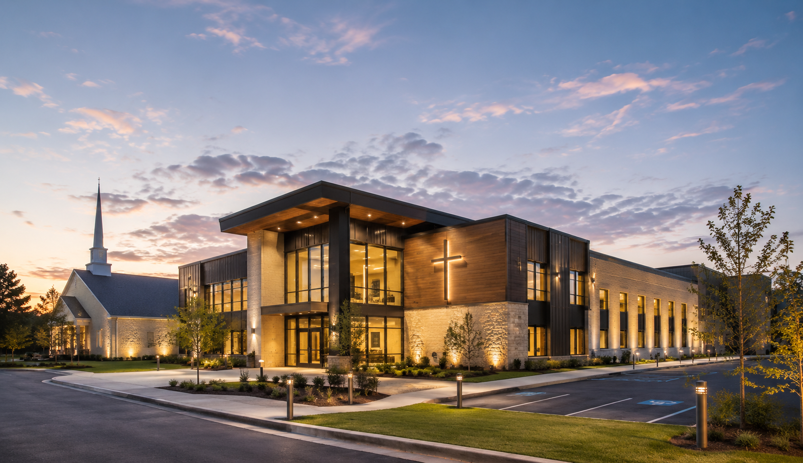 Modern church complex at dusk
