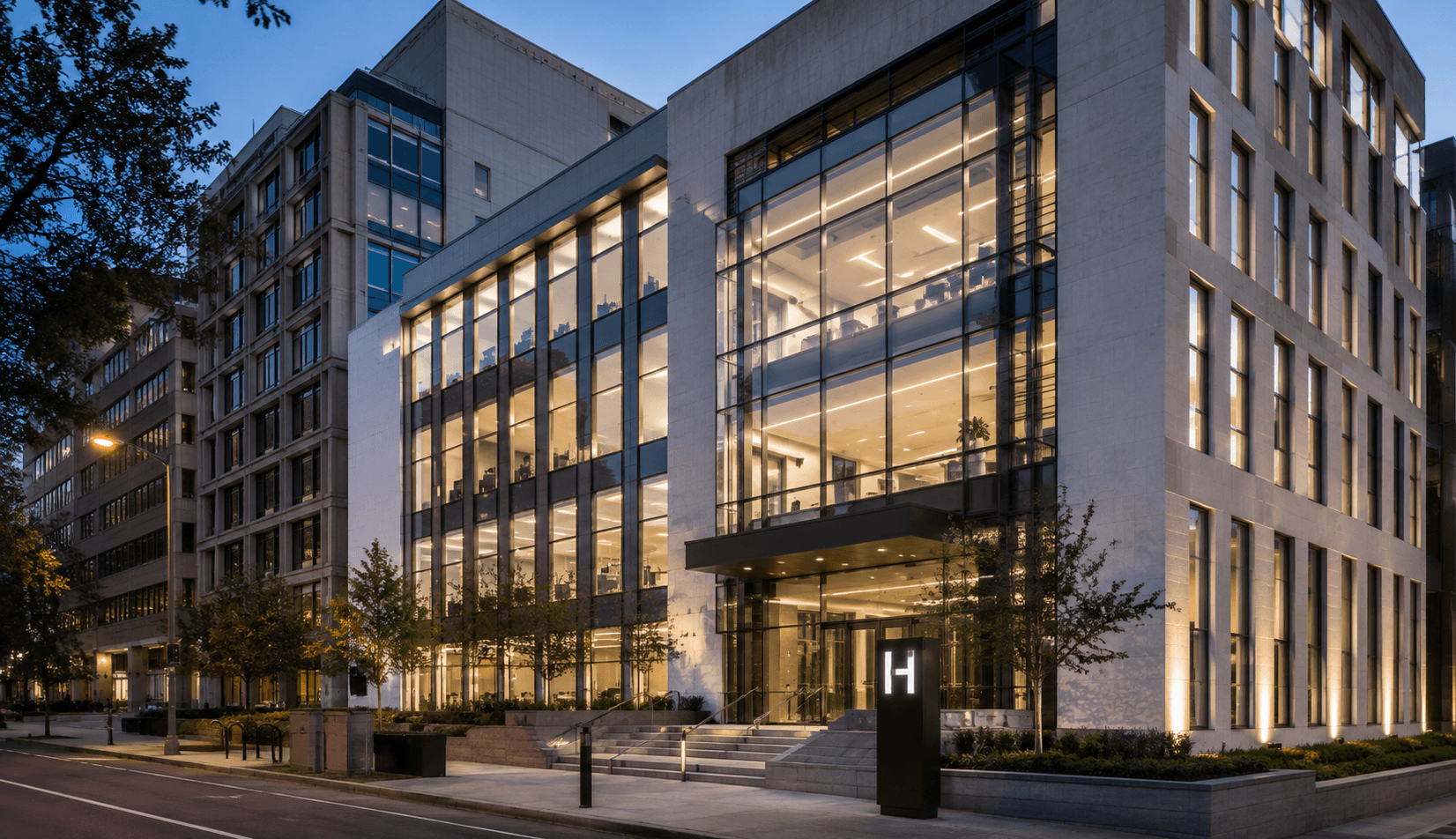 Modern office at dusk in the city