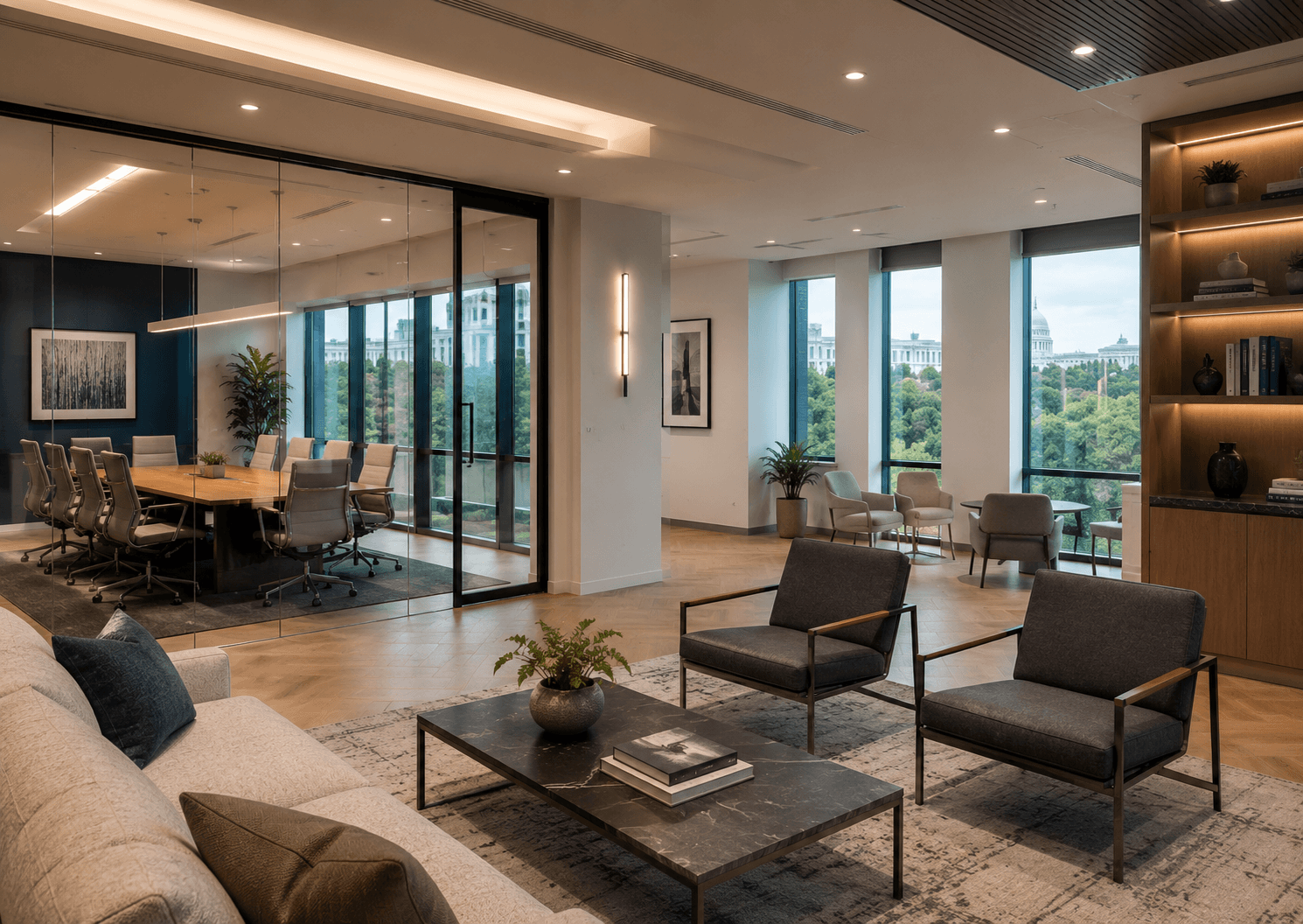 Modern corporate lounge with city view