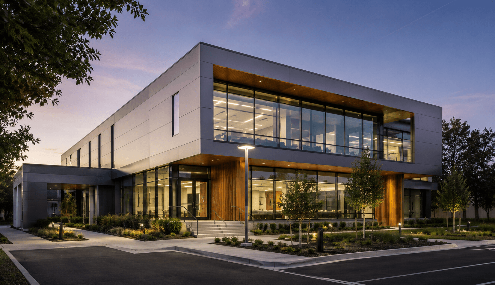 Modern office building at dusk