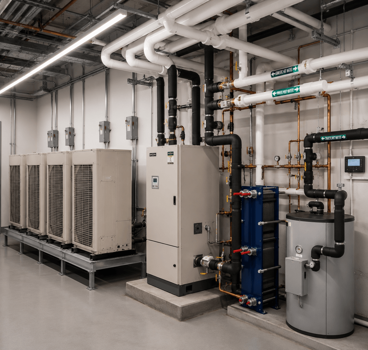 Industrial mechanical room with HVAC systems