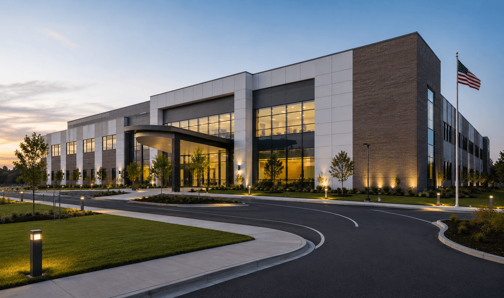 Modern office building at dusk