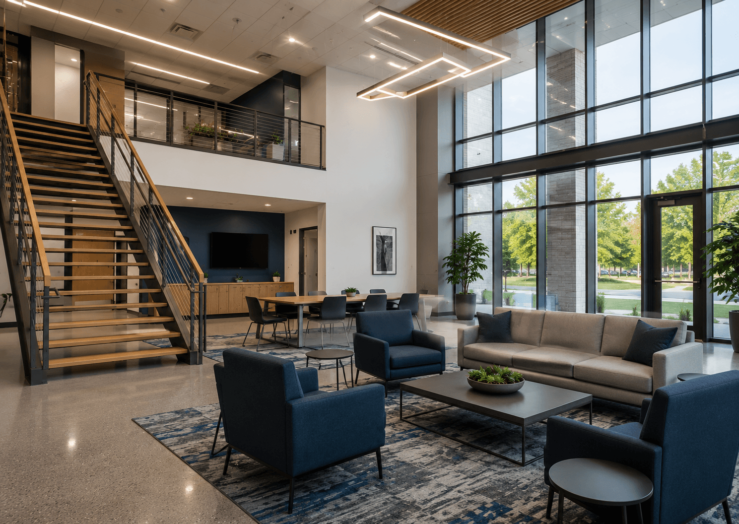 Modern corporate lounge with natural lighting