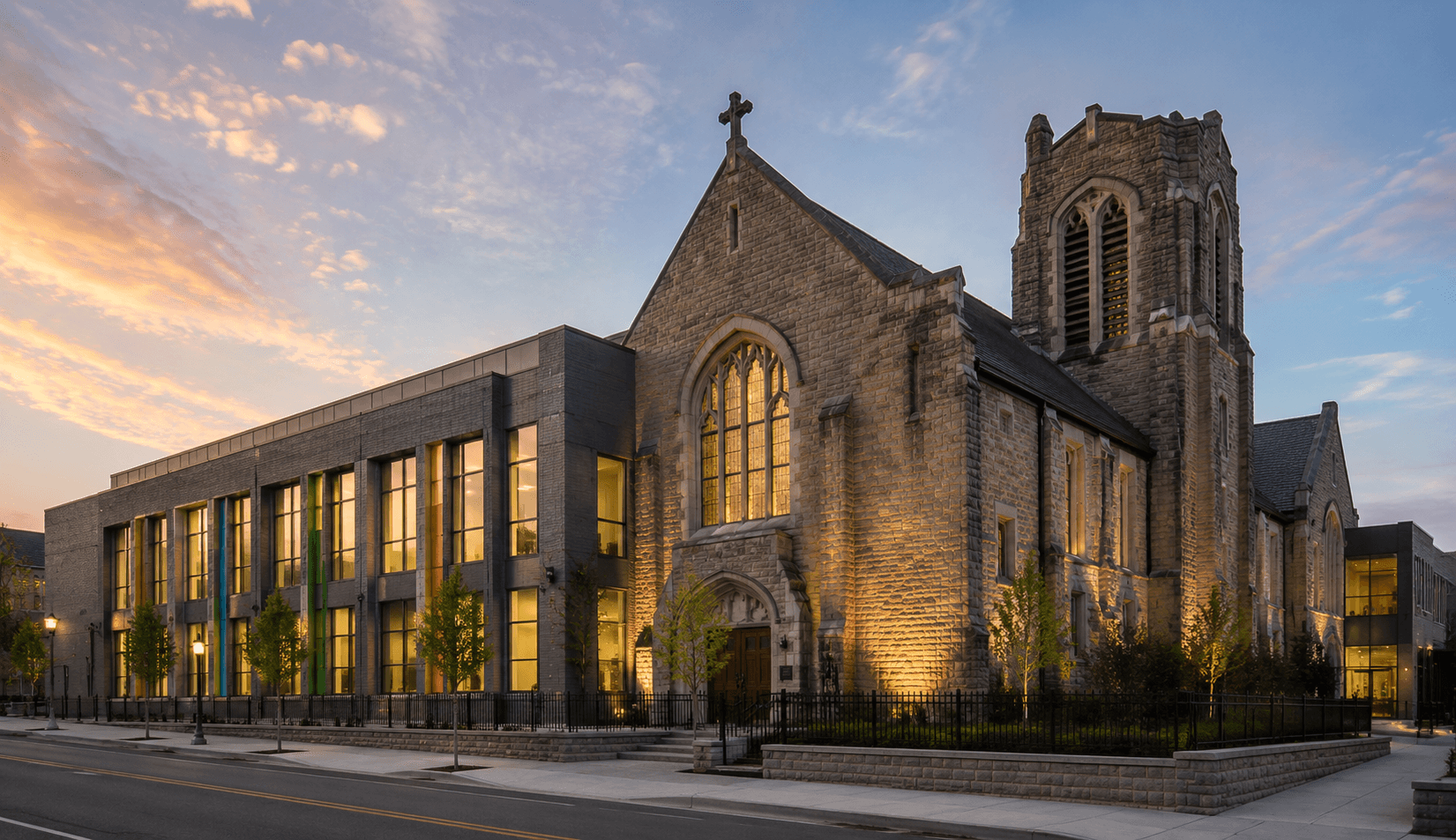 Church and modern wing at sunset