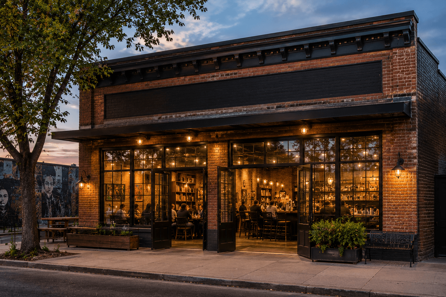 Cozy urban café at dusk