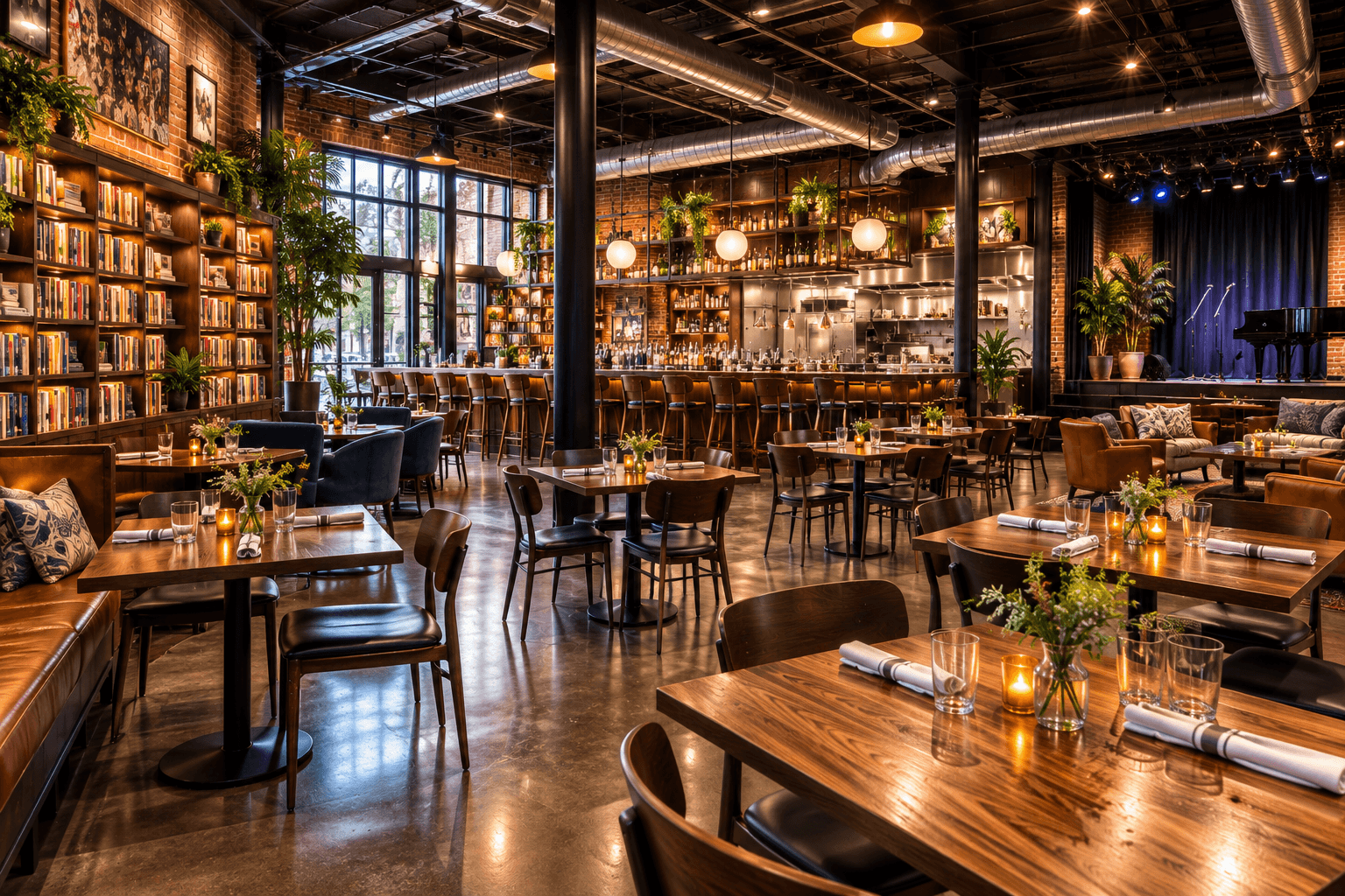 Warm industrial café and bookstore space