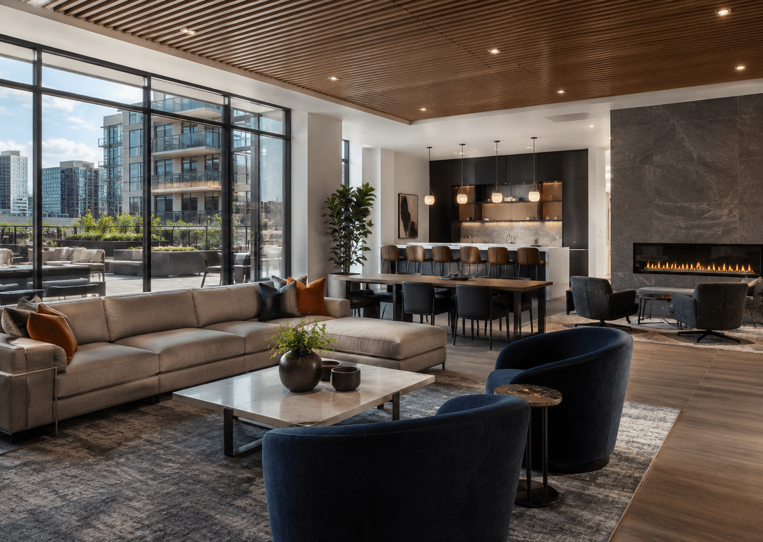Modern lounge with serene city views