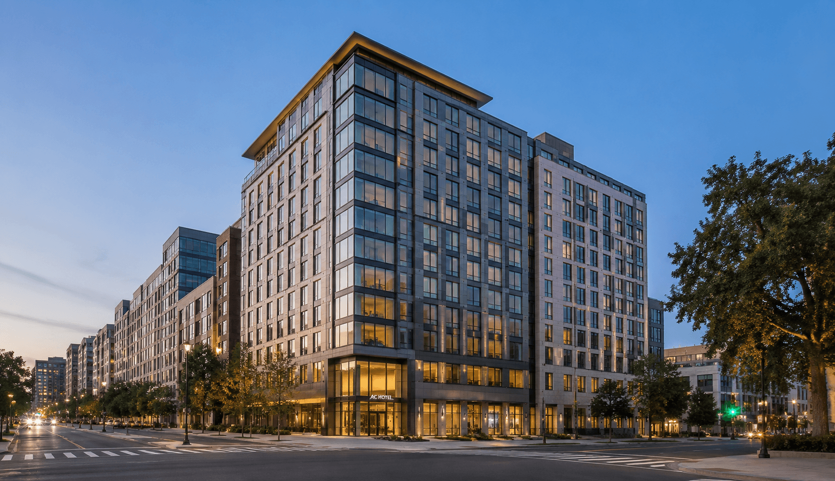 Modern hotel at dusk in the city