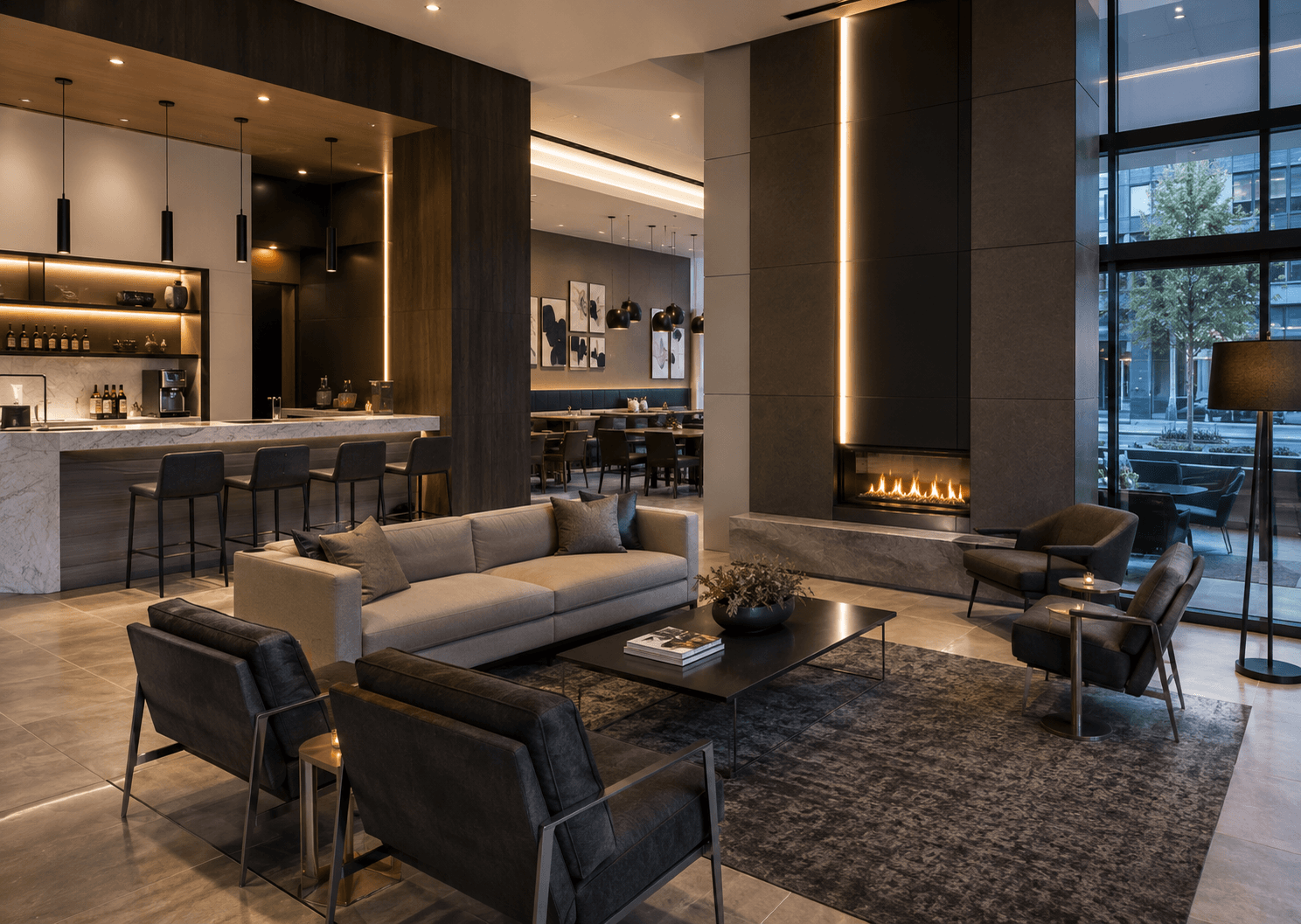 Modern hotel lounge with cozy seating