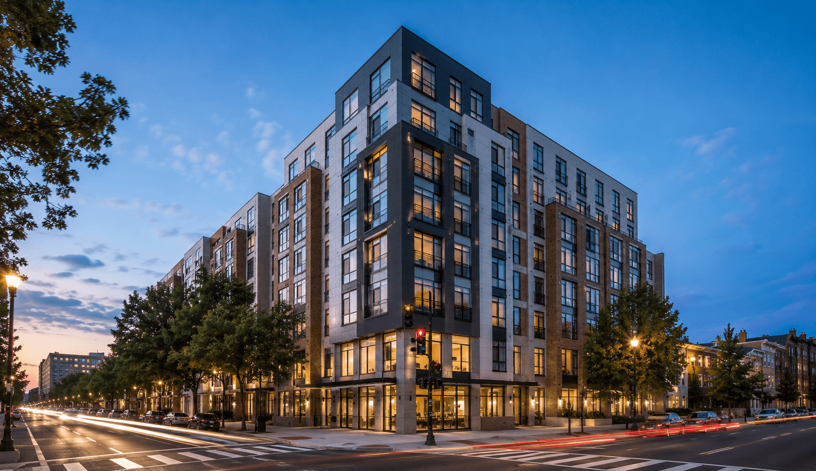 Twilight urban streetscape with modern architecture