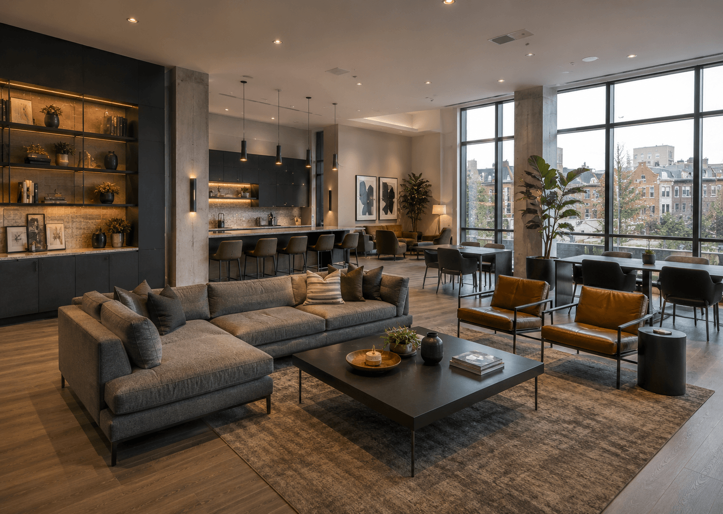 Modern communal lounge with city view