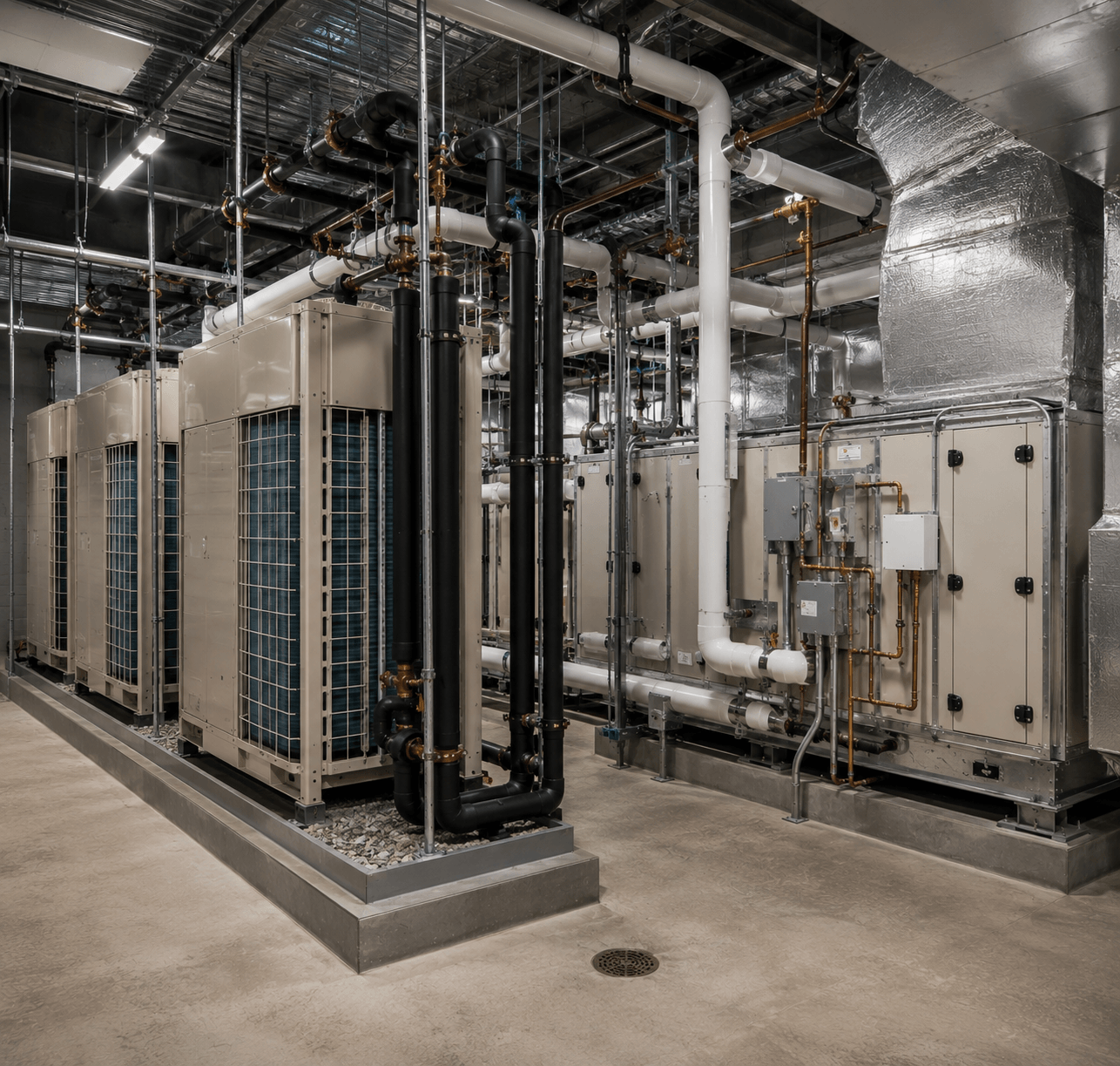 Industrial HVAC room with piping and equipment