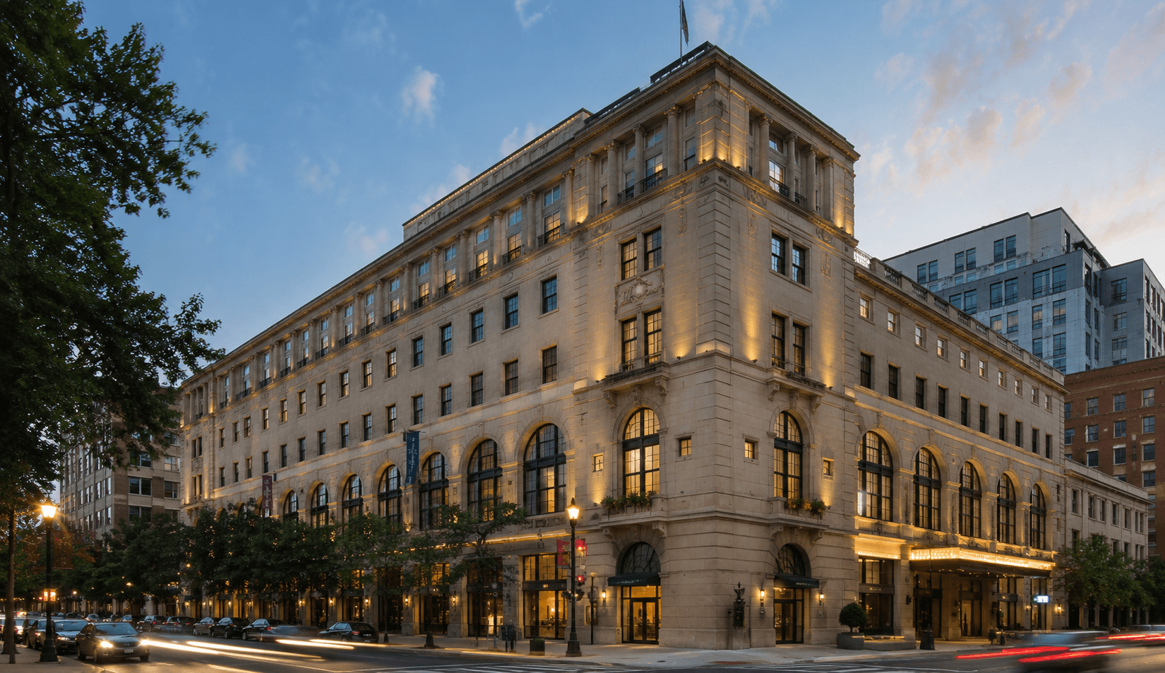 Historic stone building in evening light