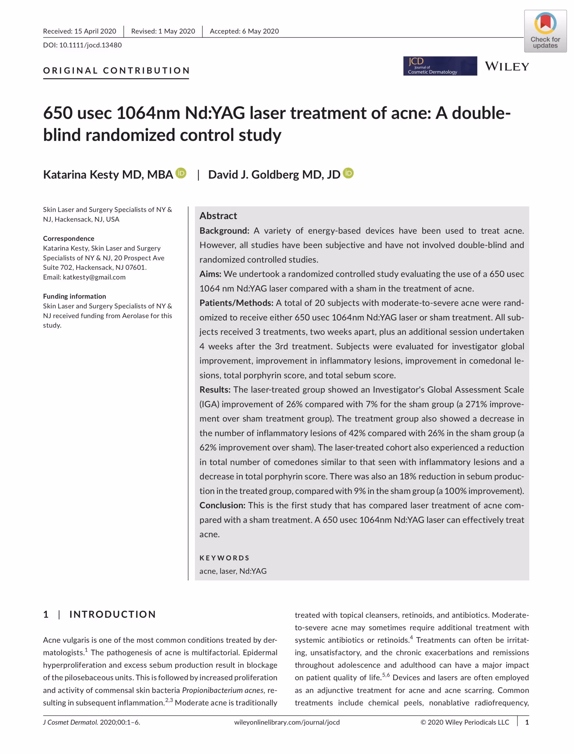 double blind randomized control study of 650-microsecond laser treatment of acne
