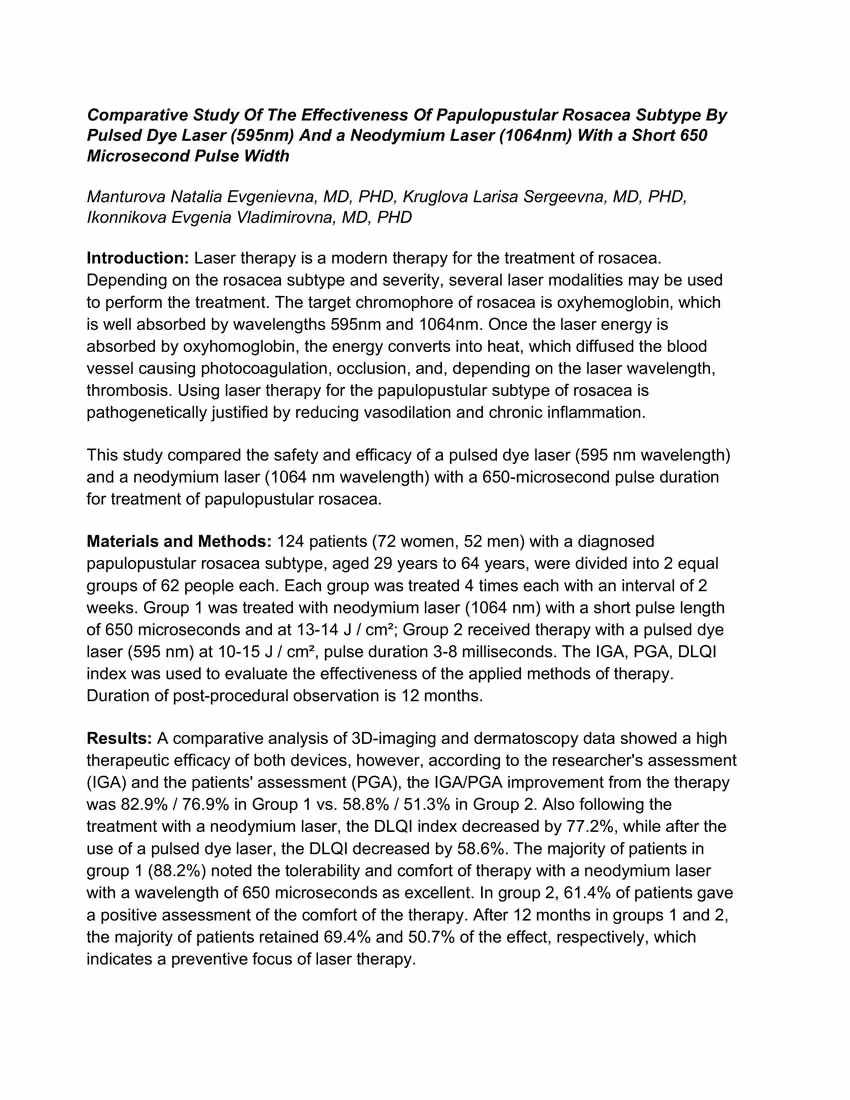 effectiveness of papulopustular rosacea subtype by pulsed dye laser and neodymium laser with short 650-microsecond pulse width