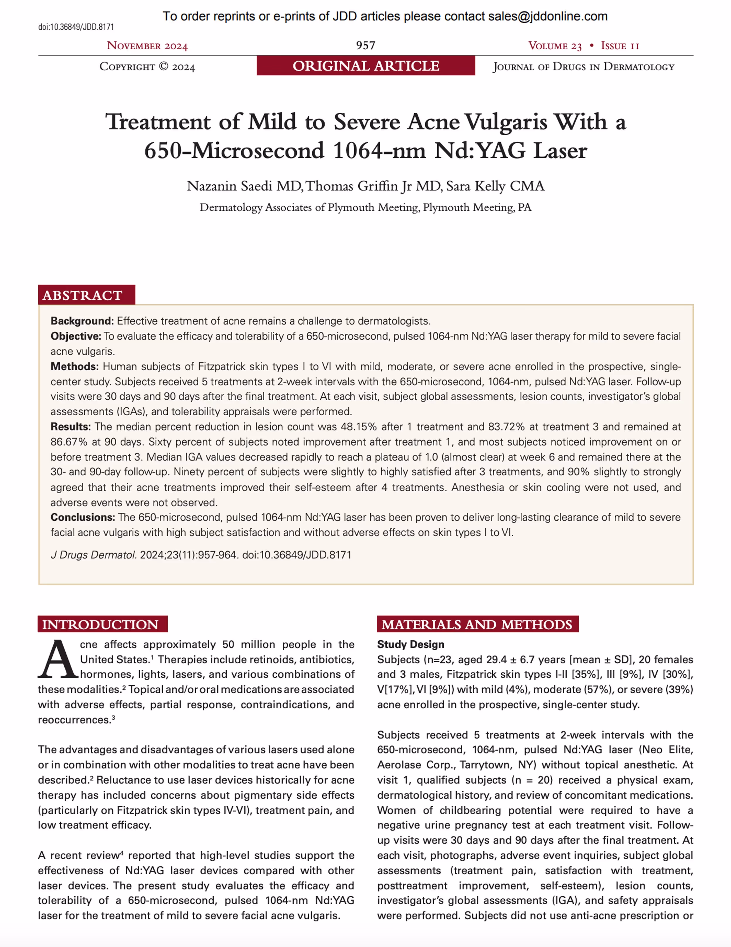 Treatment of Mild to Severe Acne Vulgaris With a 650-Microsecond Laser Clinical Article