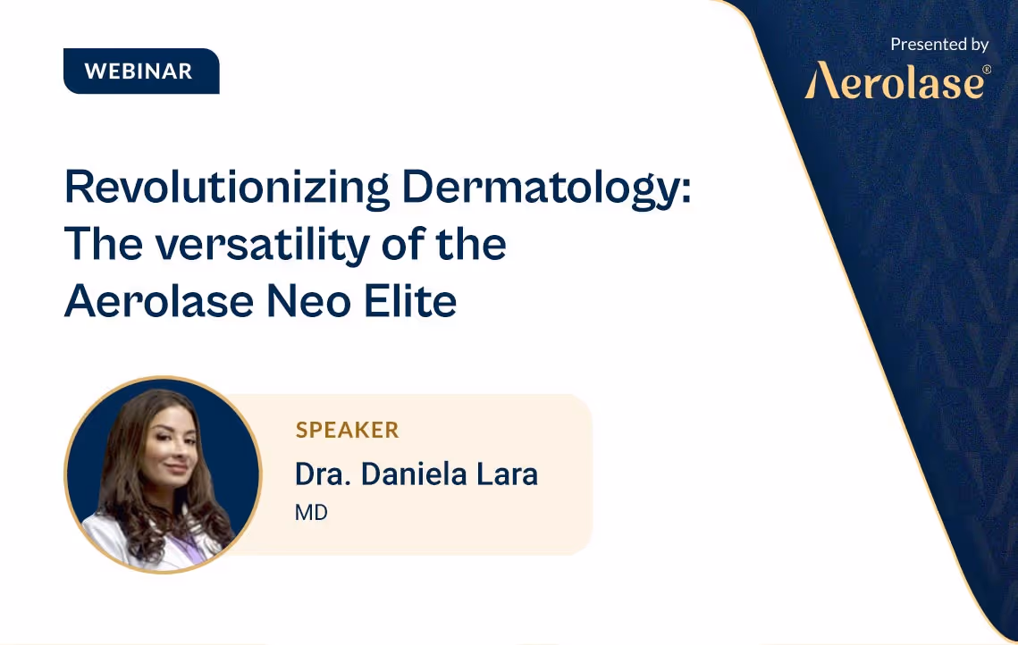 In diesem Webinar teilt Dr. Daniela Lara ihre Erfahrungen mit dem Aerolase Neo Elite, einem Gerät, das ihre dermatologische Praxis revolutioniert hat, indem es seine Vielseitigkeit voll ausgenutzt hat. Englische Untertitel kommen bald.