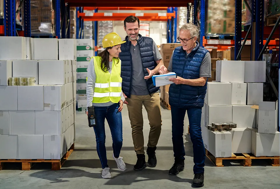 Warehouse workers looking at plans on a clipboard