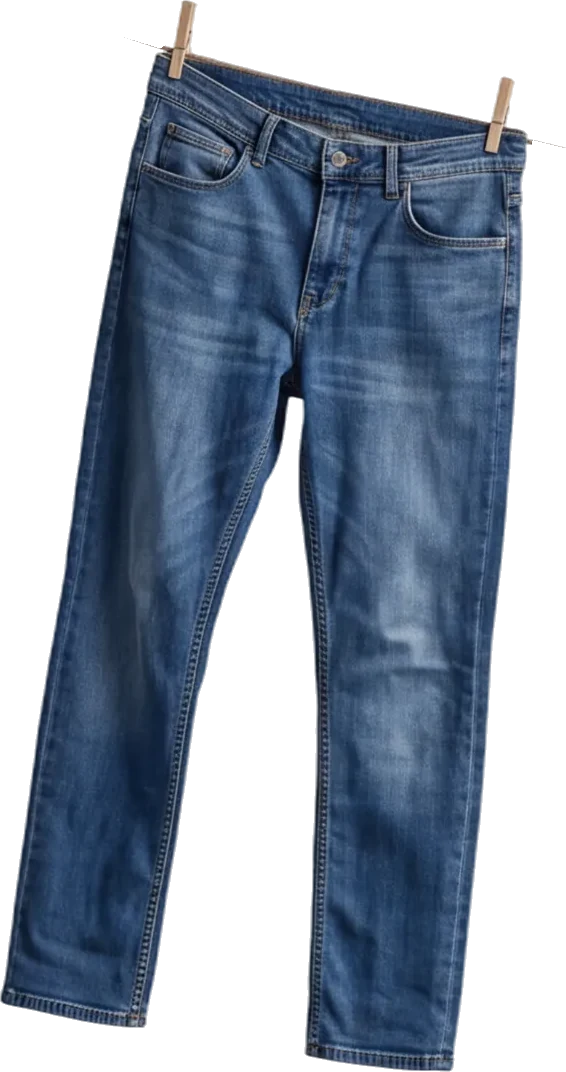 A pair of blue denim jeans hanging by clothespins on a line, showing front pockets, zipper, and belt loops.