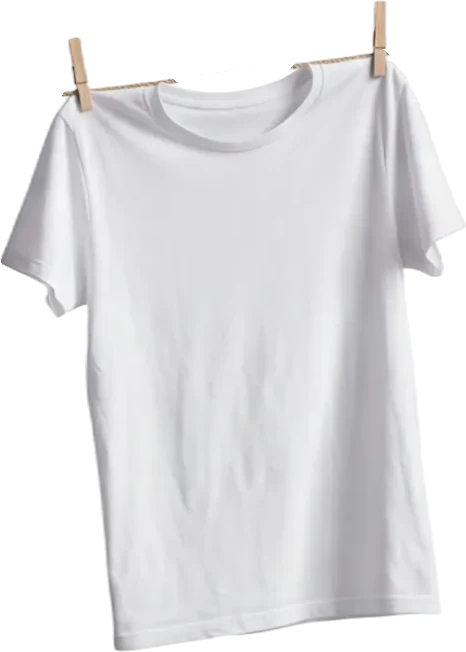 Plain white short-sleeve T-shirt hanging on a clothesline with two wooden clothespins against a transparent background.