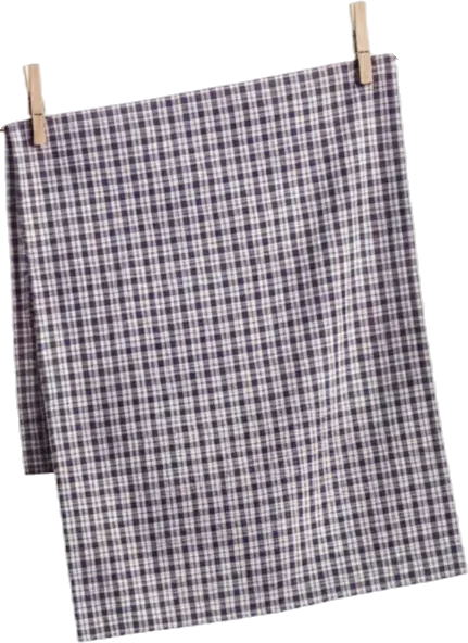A plaid cloth with a pattern of navy blue, white, and gray squares hanging on a line with two wooden clothespins.