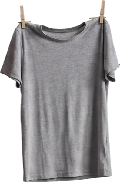 Plain grey short-sleeve t-shirt hanging on a clothesline with wooden clothespins.