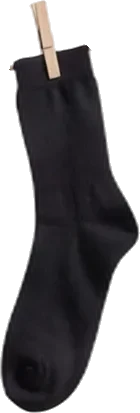 Single black sock hanging vertically on a wooden clothespin against a transparent background.