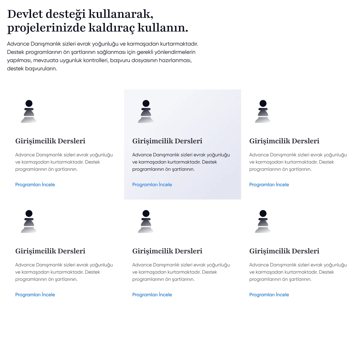 Government support programmes card grid with chess pawn icons