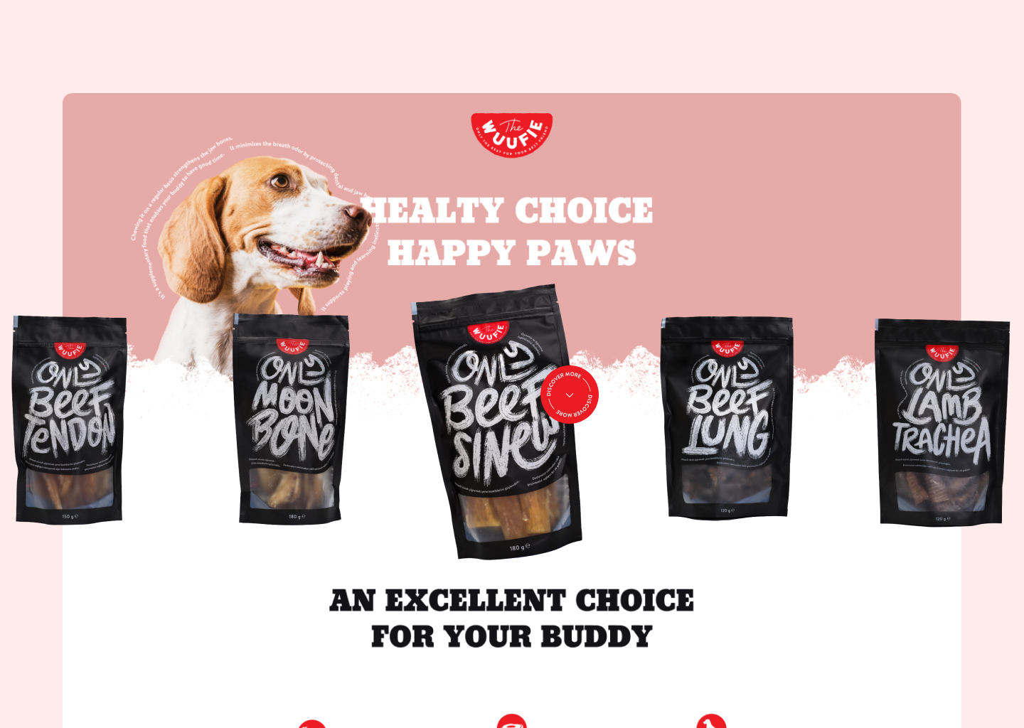 The Wuufie homepage hero with a beagle and the dog treat range